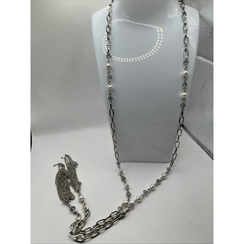 Premier Designs Pearlfection Elongated Silver Tone Chain Faux Pearls Tassels